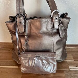 Coach Metallic Bronze Leather Tote with Wristlet